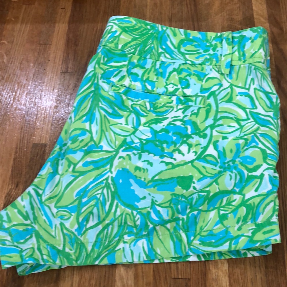 Lilly Pulitzer Green and Blue Bermuda Shorts Vibrant Tropical Print